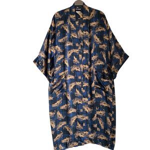 Vintage Joe Boxer Silk Robe Women OS Blue Long Belted Carp Fishes Washable